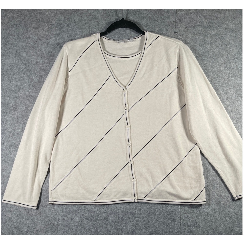 Cream Navy Pinstripe Twinset Cardigan and Shell Knit Sweater Set Womens Medium
